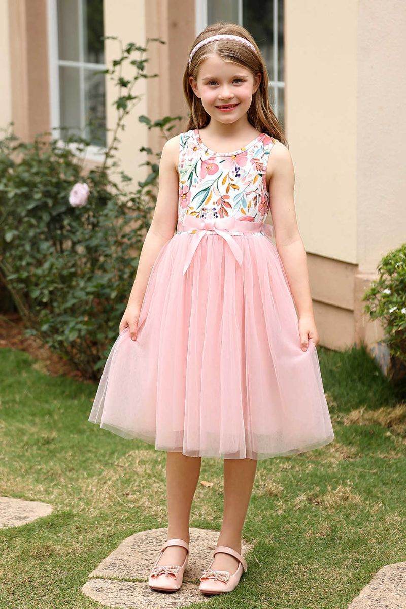 A-Line Midi Print Tulle Flower Girl Dress CF0368 - COCOMELODY